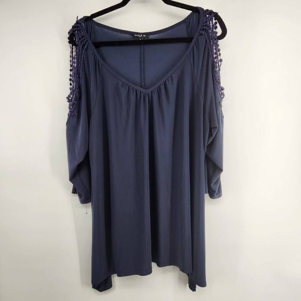 Navy Stretchy Pom Cold Shoulder Tunic Blouse Sami & Jo Women's Plus 2X